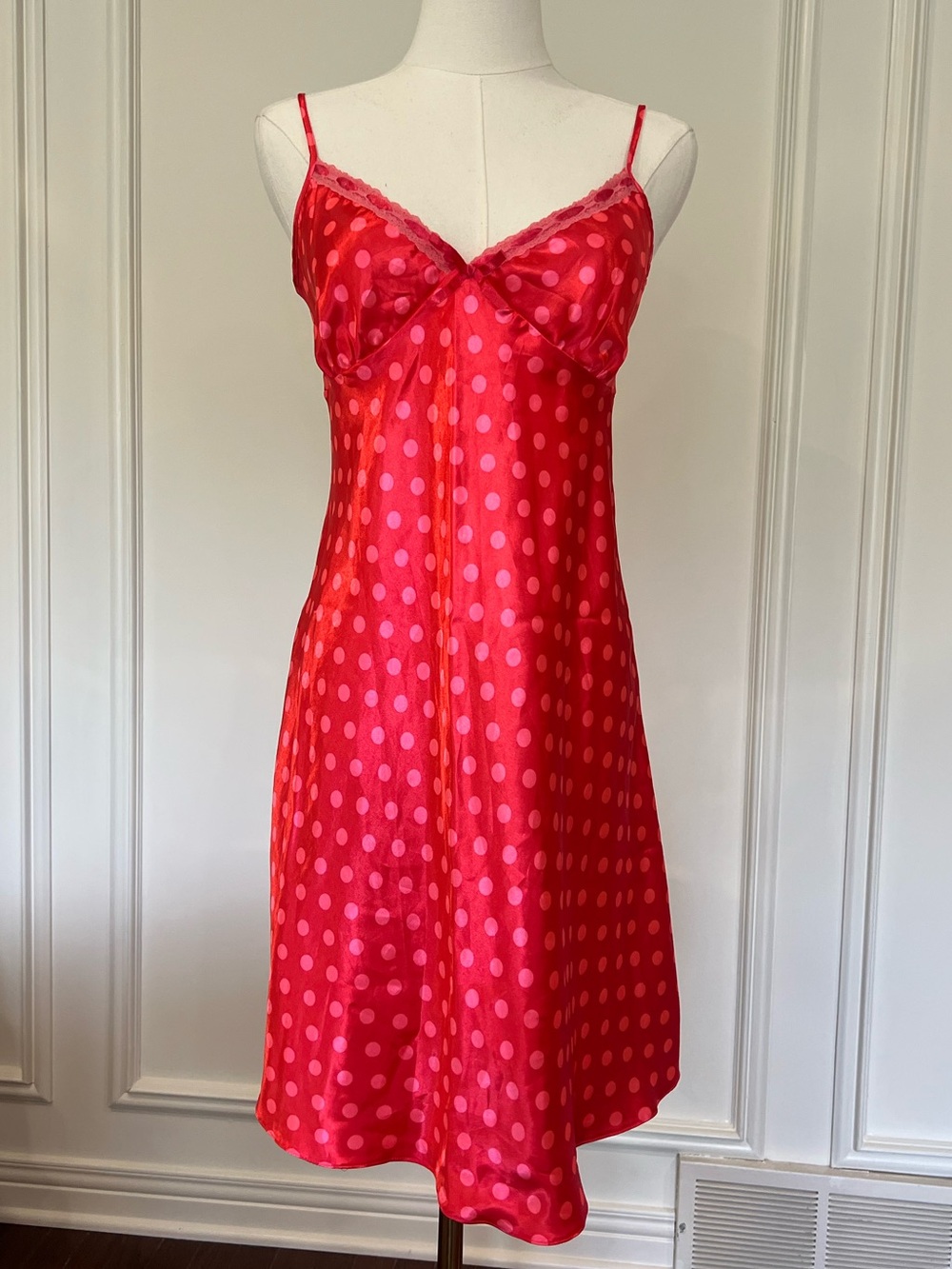 Red Pink Polka Dot Satin Slip Dress Y2K Coquette Midi Pinup Cherry Lace 90s